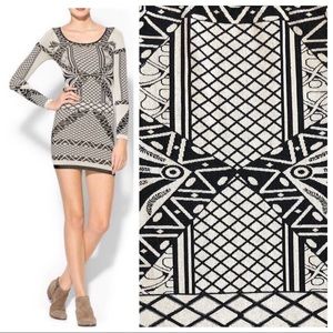 Free People bodycon long-sleeve minidress stretchy tan black print sexy XS/S